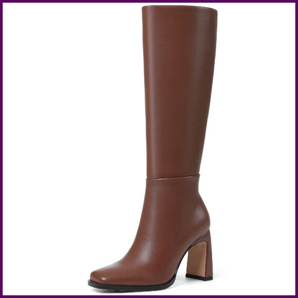 Knee High Square Toe Boots Leather Block Heel Wide Calf Dress Boots